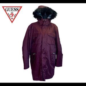 Guess maroon burgundy faux fur trim hooded fall winter coat Sz L